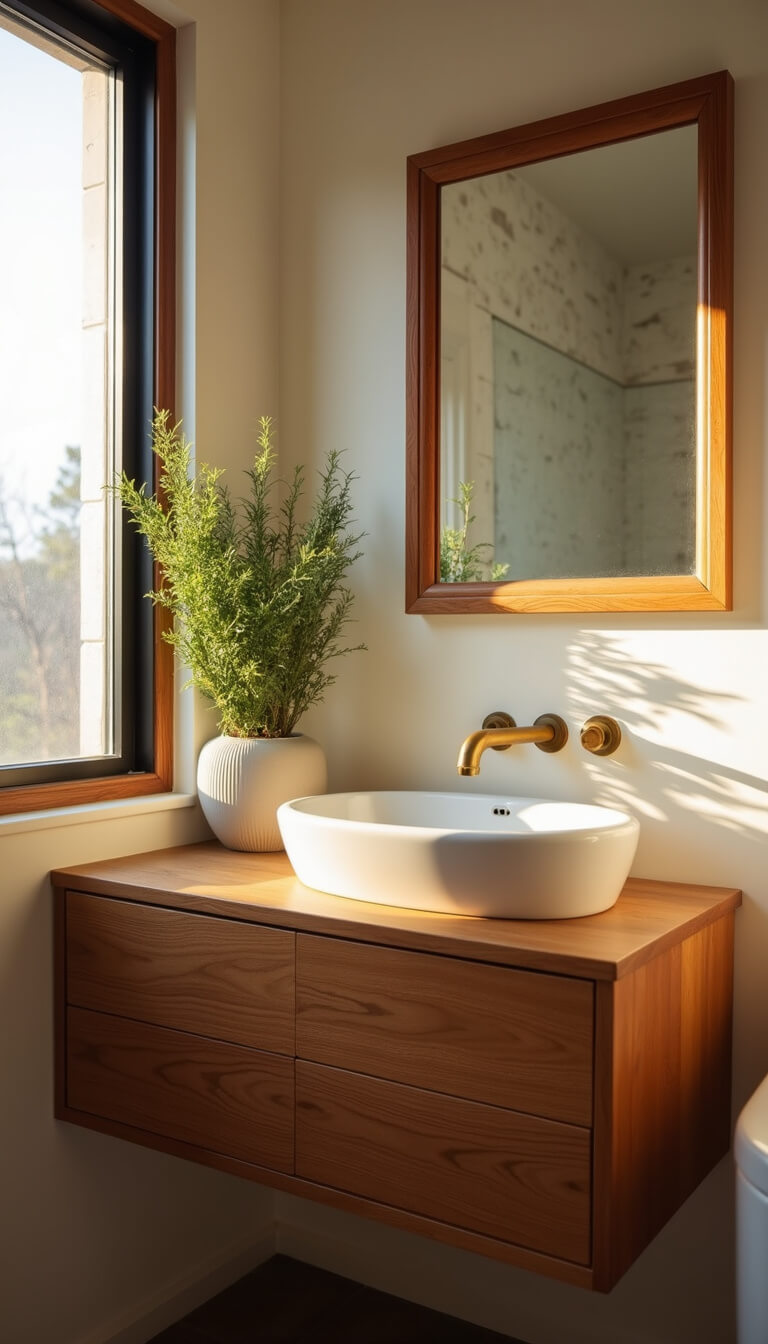 Low-angle view of a compact bathroom with floating oak vanity, porcelain sink, brass faucet, vintage mirror, and potted fern at sunrise.