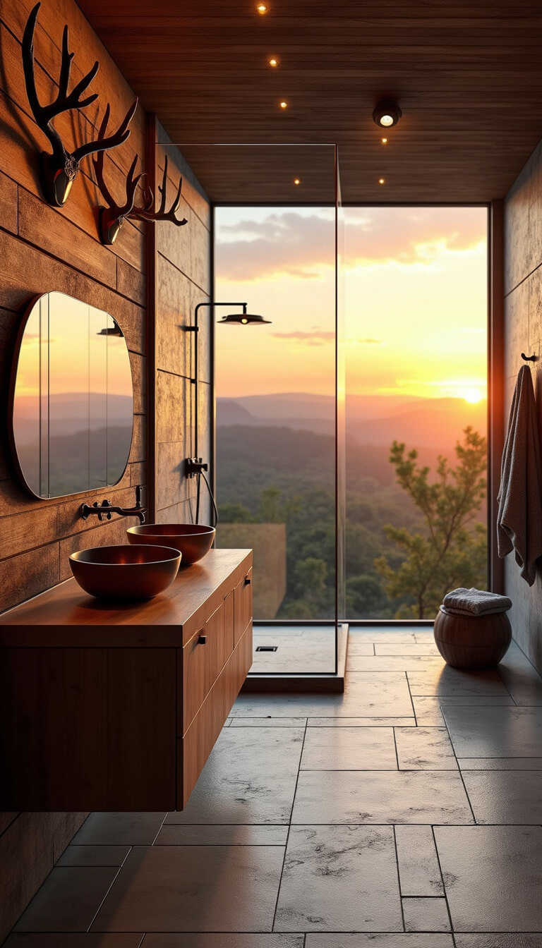 Panoramic view of cozy 6x8ft bathroom at sunset with glass shower, floating vanity with copper sink, reclaimed wood wall with antlers holding towels, and stone flooring.