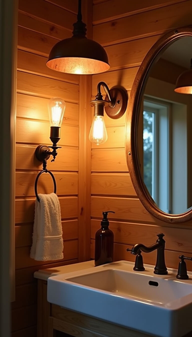 Close-up of vintage copper pendant and Edison bulb sconces glowing warmly in cedar bathroom at blue hour, reflected in mirrors.