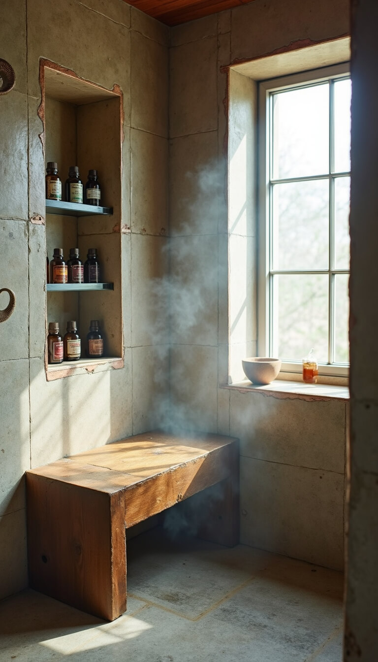 Compact shower with stone tile niches edged in copper, reclaimed wood bench, and glass shelf holding essential oils, softly lit by midday natural light and steam.