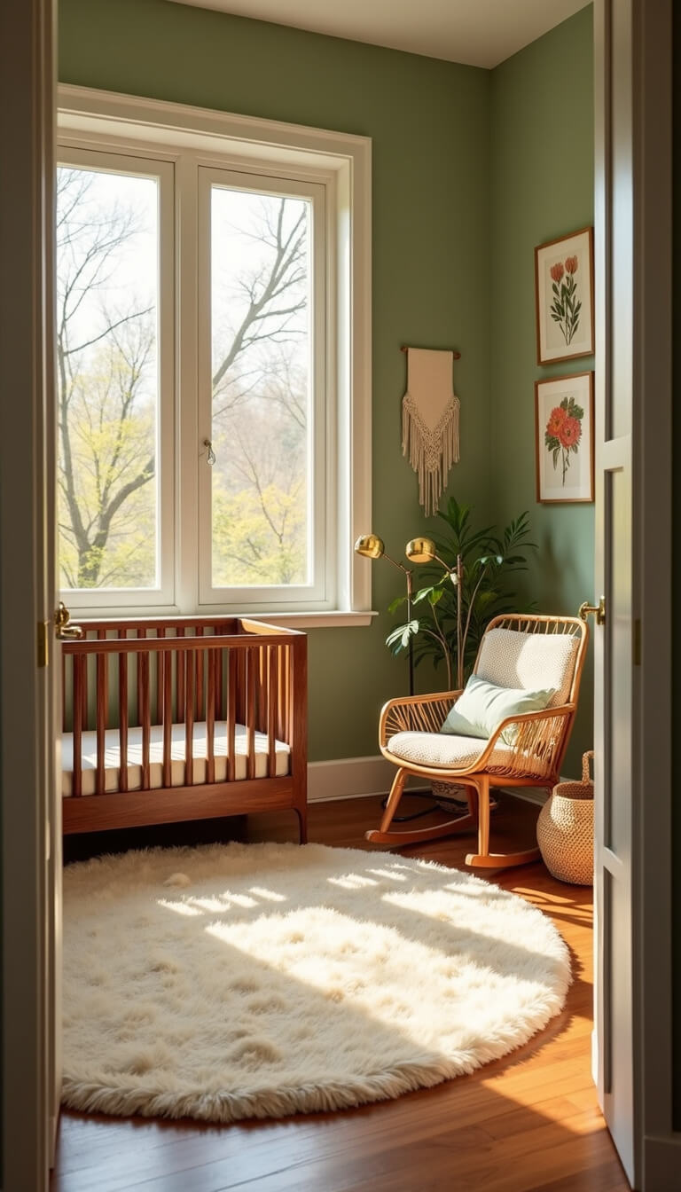 Mid-century modern nursery with walnut crib, sage green accent wall, vintage botanical prints, and golden hour sunlight illuminating cozy natural textures.