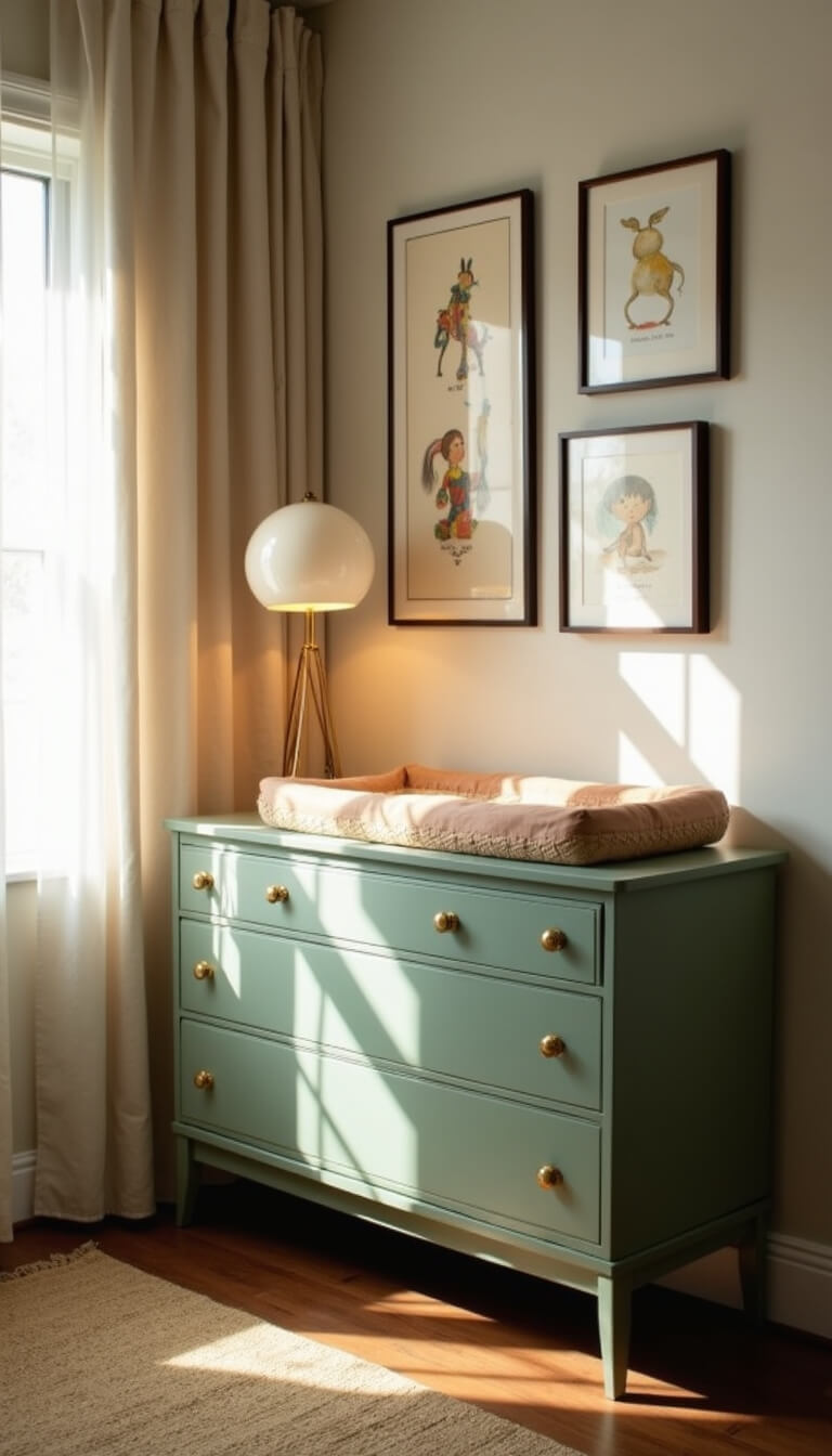 Restored 1960s sage green dresser styled as changing station in softly lit nursery corner at dawn, with vintage book art, ceramic lamp, and textured accessories.