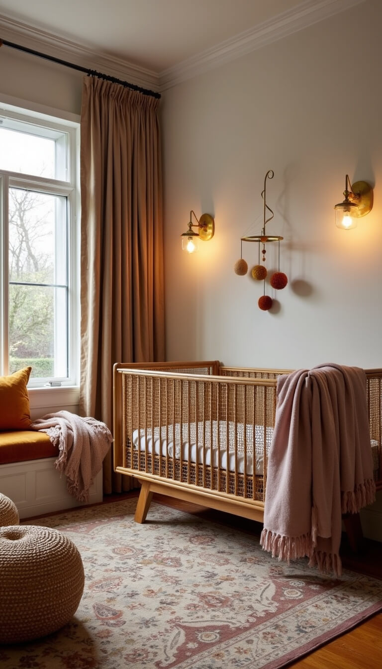 Wide-angle view of cozy nursery at dusk with central caned crib, ambient brass sconces, muted Persian rug, brass and wood mobile, ochre velvet window seat, and layered textures including baskets, throws, and silk curtains.