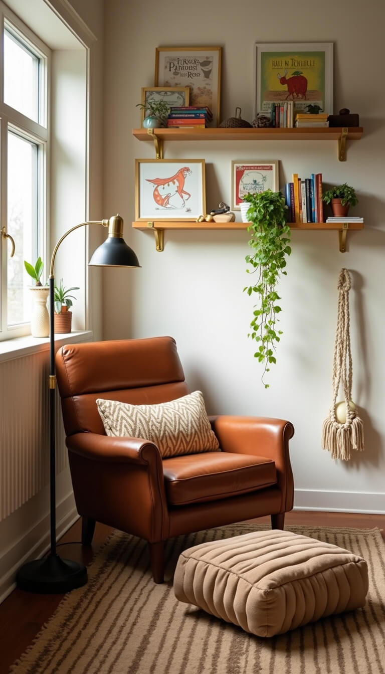 Cozy nursery reading nook with vintage leather armchair, brass floor lamp, floating shelves of children's books, earth-toned floor cushions, and macramé plant hanger in warm afternoon light.