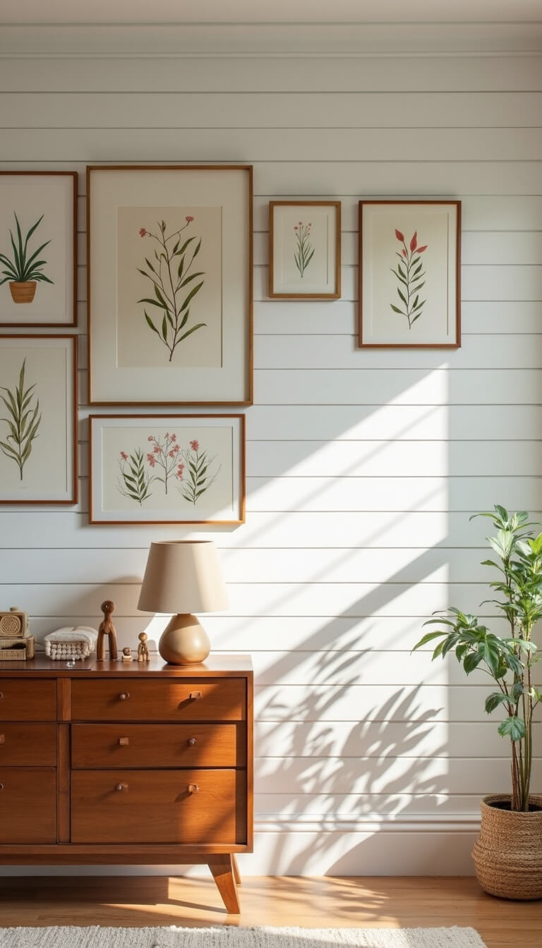 Nursery scene with white shiplap wall, brass-framed botanical and abstract art above mid-century dresser holding vintage lamp, sound machine, and wooden toys in soft morning light.