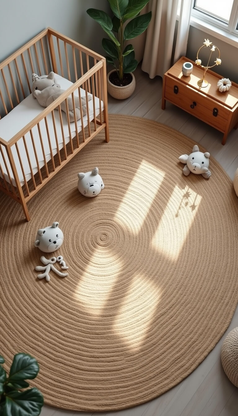 Overhead view of nursery with circular jute rug, modern spindle crib, wooden toy chest, brass mobile, and soft toys in muted colors illuminated by natural light.