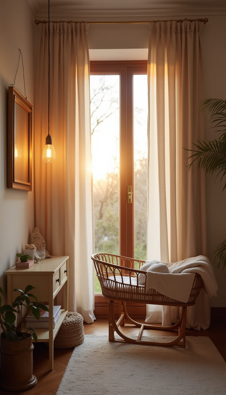 Nursery at dusk with rattan bassinet glowing in golden light, floor-to-ceiling linen curtains, vintage brass mirror, and modern pendant light in warm, textured decor.