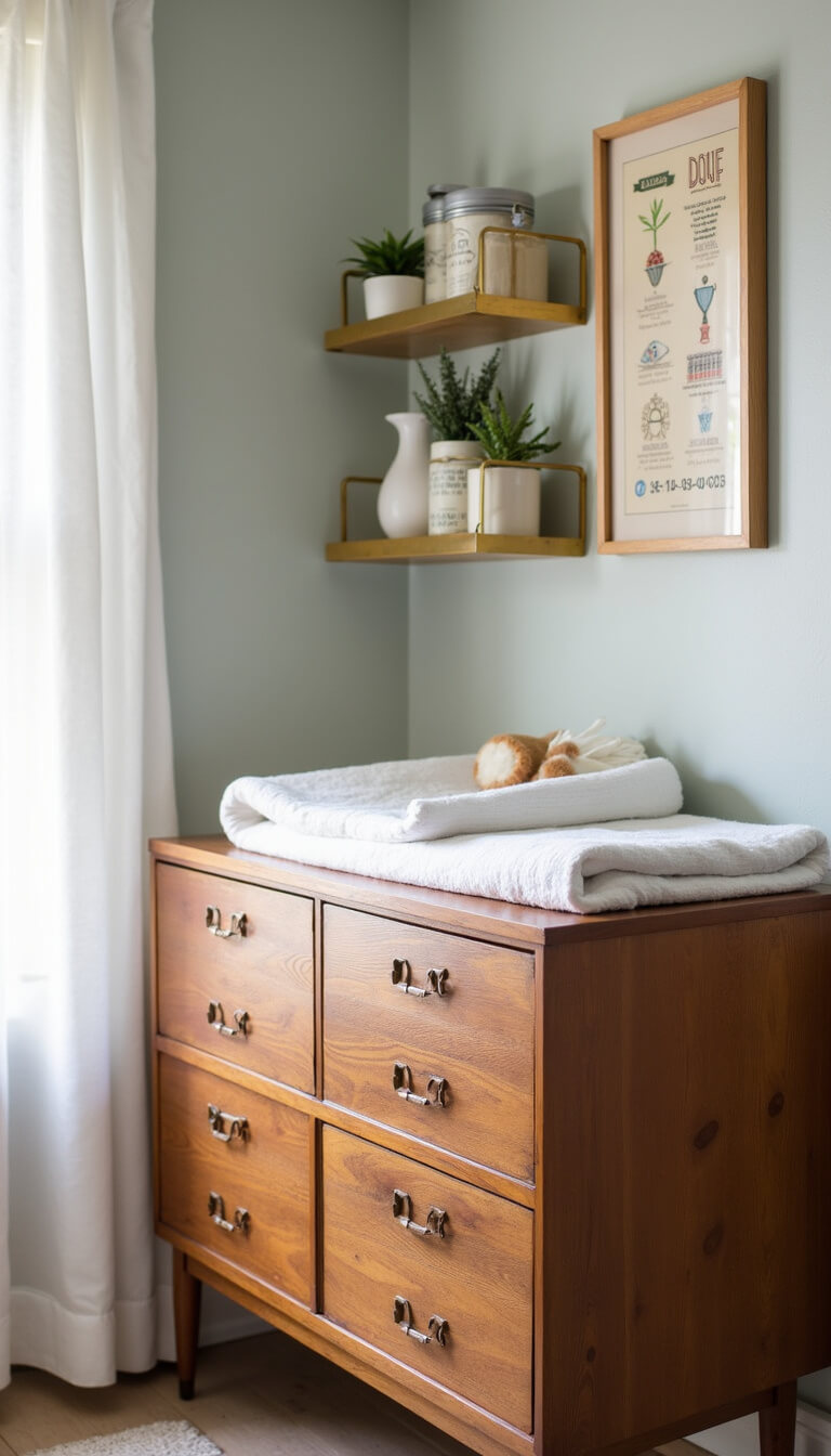 Close-up of vintage apothecary cabinet used as baby changing station with modern brass shelf above, styled with baby supplies, artwork, and soft natural light.