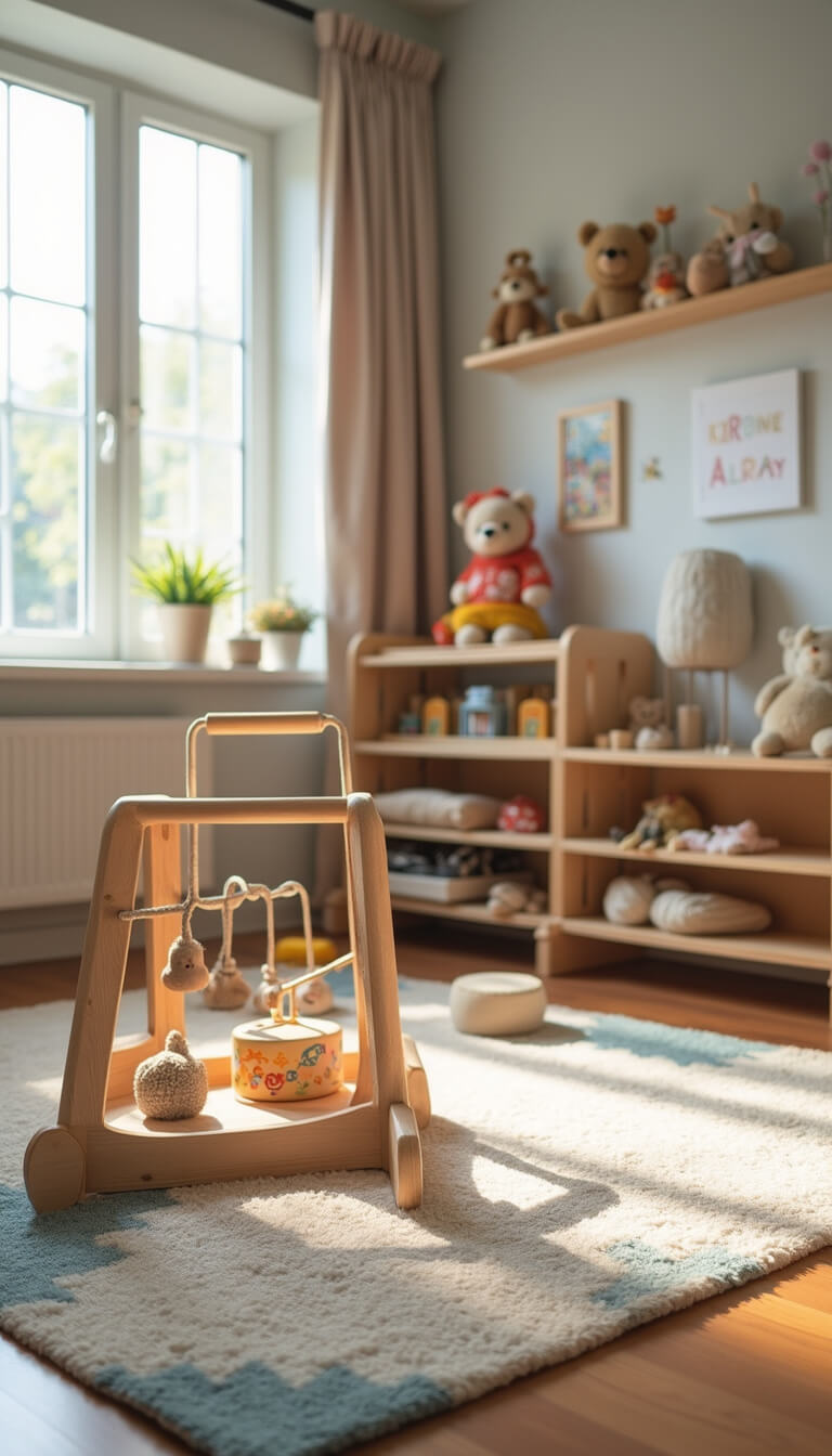 Early morning nursery with geometric vintage rug, wooden activity gym, low toy shelves, and soft natural light at child’s eye level.