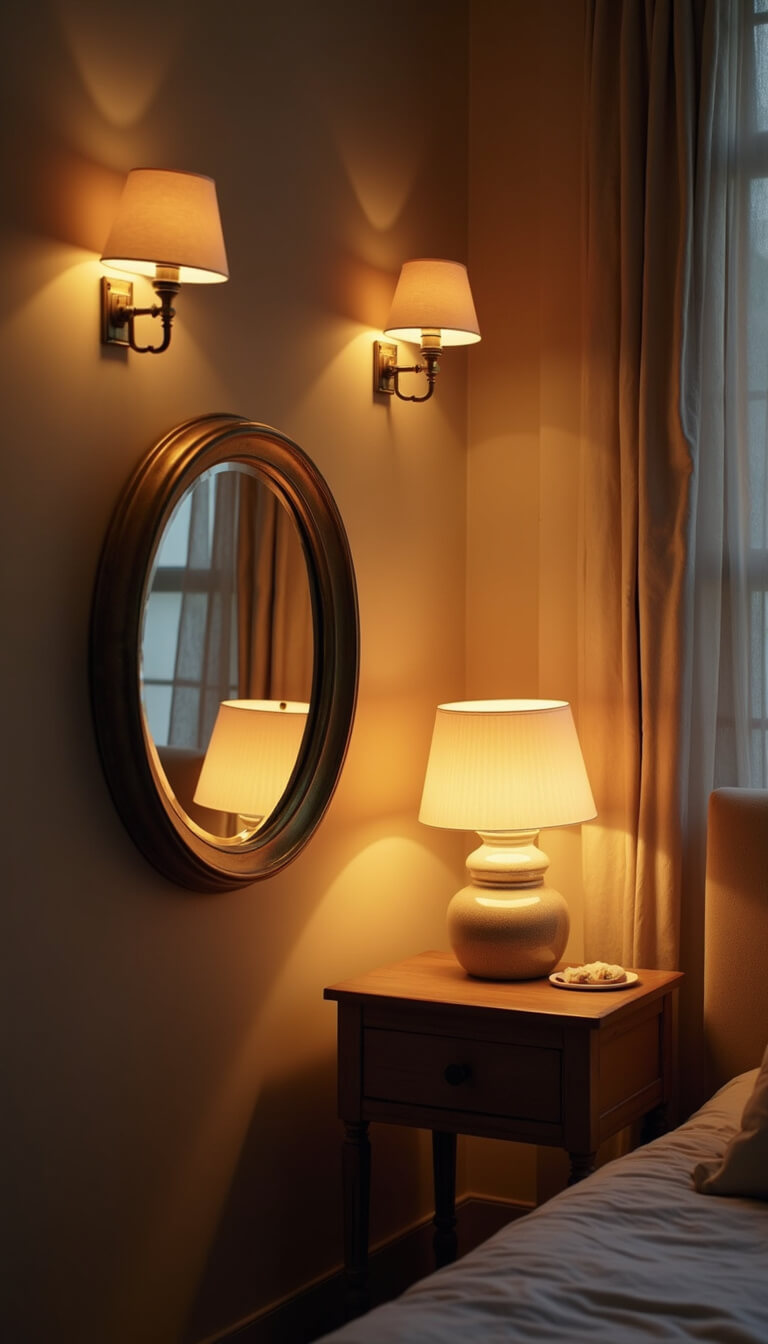 Evening nursery with layered lighting featuring vintage brass sconces, modern ceramic table lamp, and candle glow reflected in a vintage mirror, creating a warm, moody atmosphere with soft neutral tones.
