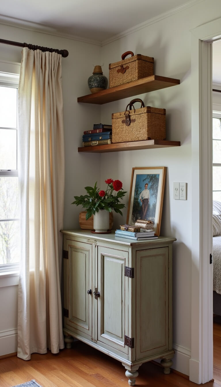 Corner storage vignette with vintage armoire, modern floating shelves, woven baskets, and vintage suitcases, showcasing vertical space usage and mixed textures in natural and ambient light.
