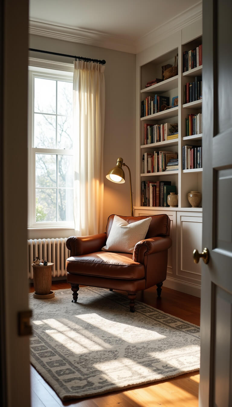 Cozy basement reading nook with leather armchair, built-in white bookshelves, Moroccan rug, and soft morning light through sheer curtains.