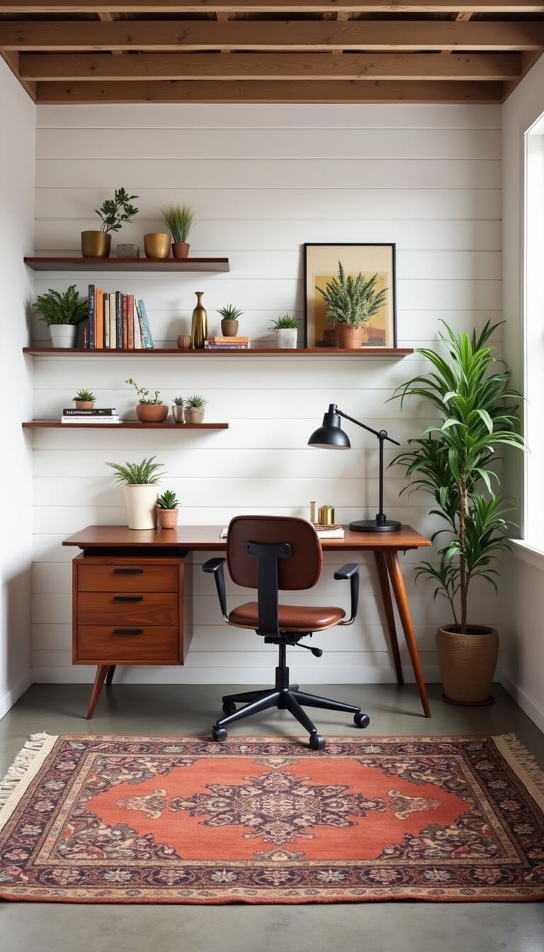 Multi-functional 12'x20' basement workspace with walnut mid-century modern desk, ergonomic chair, white shiplap accent wall, floating shelves holding brass decor and plants, vintage Persian rug on concrete floor, wide-angle view with balanced daylight.