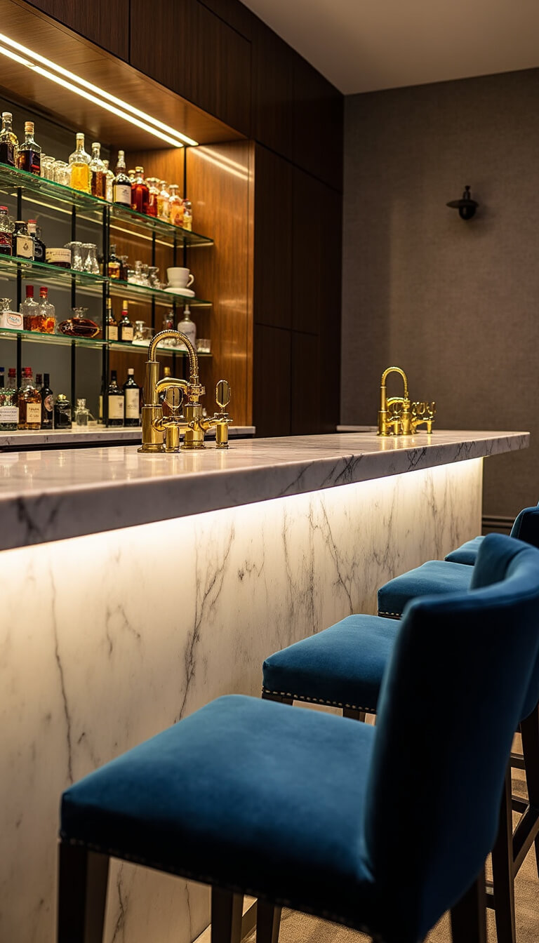 Contemporary basement bar with quartz waterfall counter, brass fixtures, navy velvet barstools, glass shelves with LED lighting, antique mirror backsplash, and textured wallpaper.