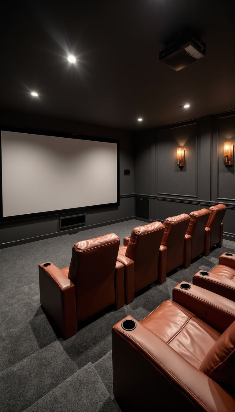 Media room with tiered leather recliners facing a projector screen, dark charcoal walls with copper sconces, plush deep gray carpet, and ambient accent lighting, viewed from the back row.