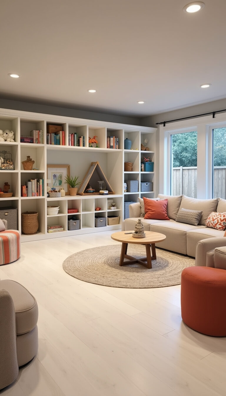 Wide view of a 20'x20' kids' basement playroom with wipeable vinyl floors, built-in storage cubbies in white and primary colors, a reading teepee with string lights, and a washable slipcover sectional; brightly lit activity zones throughout.