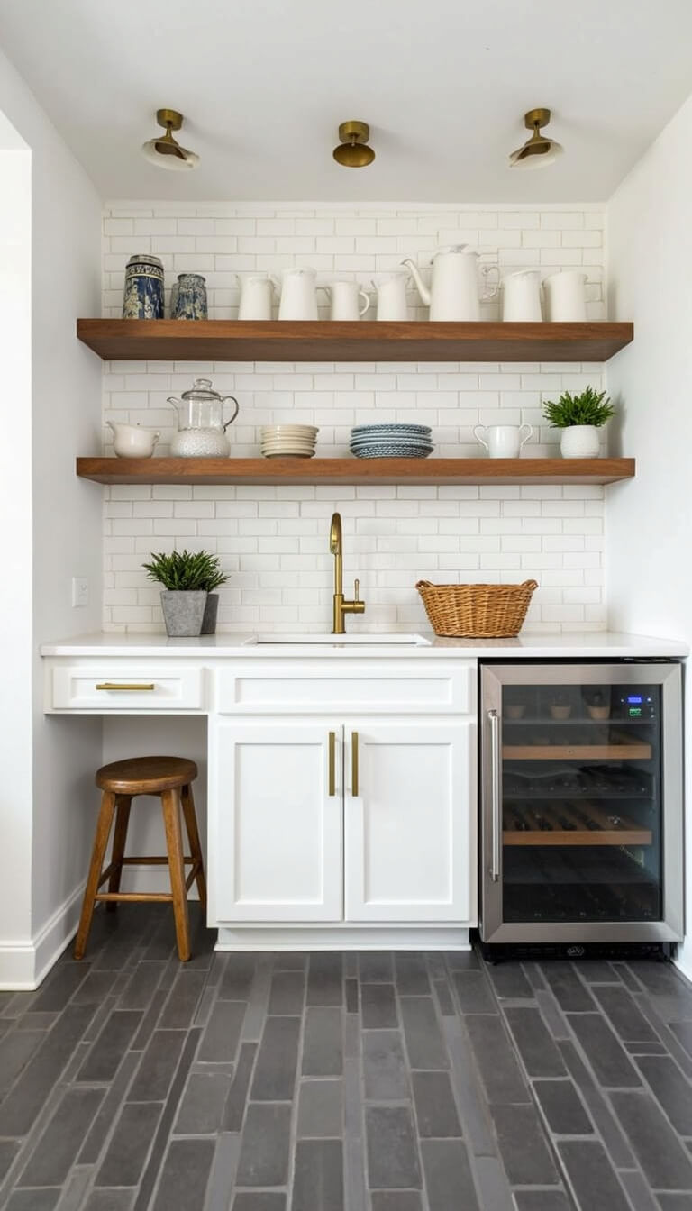 Basement kitchenette with white cabinets, brass hardware, subway tile backsplash, floating shelves with vintage pottery, dark gray penny tile floor, wine fridge, coffee station, and under-cabinet lighting.