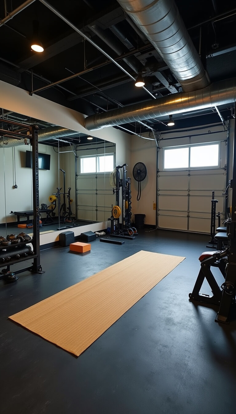 Wide-angle view of a 15'x20' basement home gym with rubber flooring, wall-mounted TV, full-length mirrors, industrial fan, organized fitness equipment, dedicated yoga corner with bamboo mat, and cool LED lighting highlighting shadows.