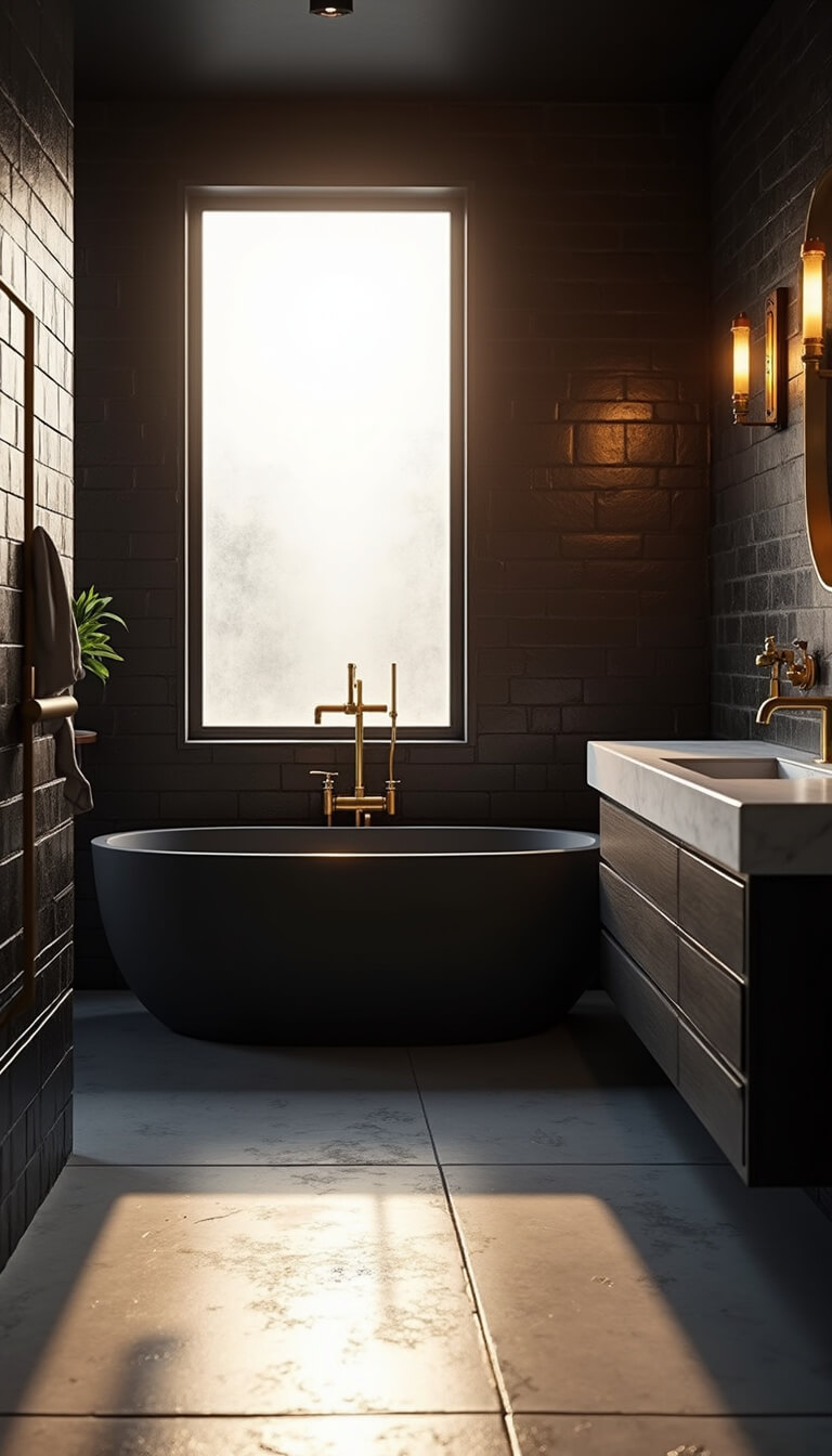 Low-angle view of a luxurious black bathroom with matte black tub, brass fixtures, and sunlight streaming through a frosted window onto glossy tiles and polished concrete floor.