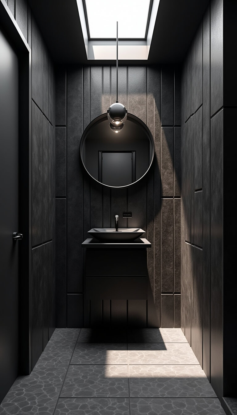 Modern 6x8ft powder room with black hexagonal floors, textured black tile statement wall, wall-mounted matte black vanity, circular mirror, pendant light casting shadows, and natural skylight illumination.