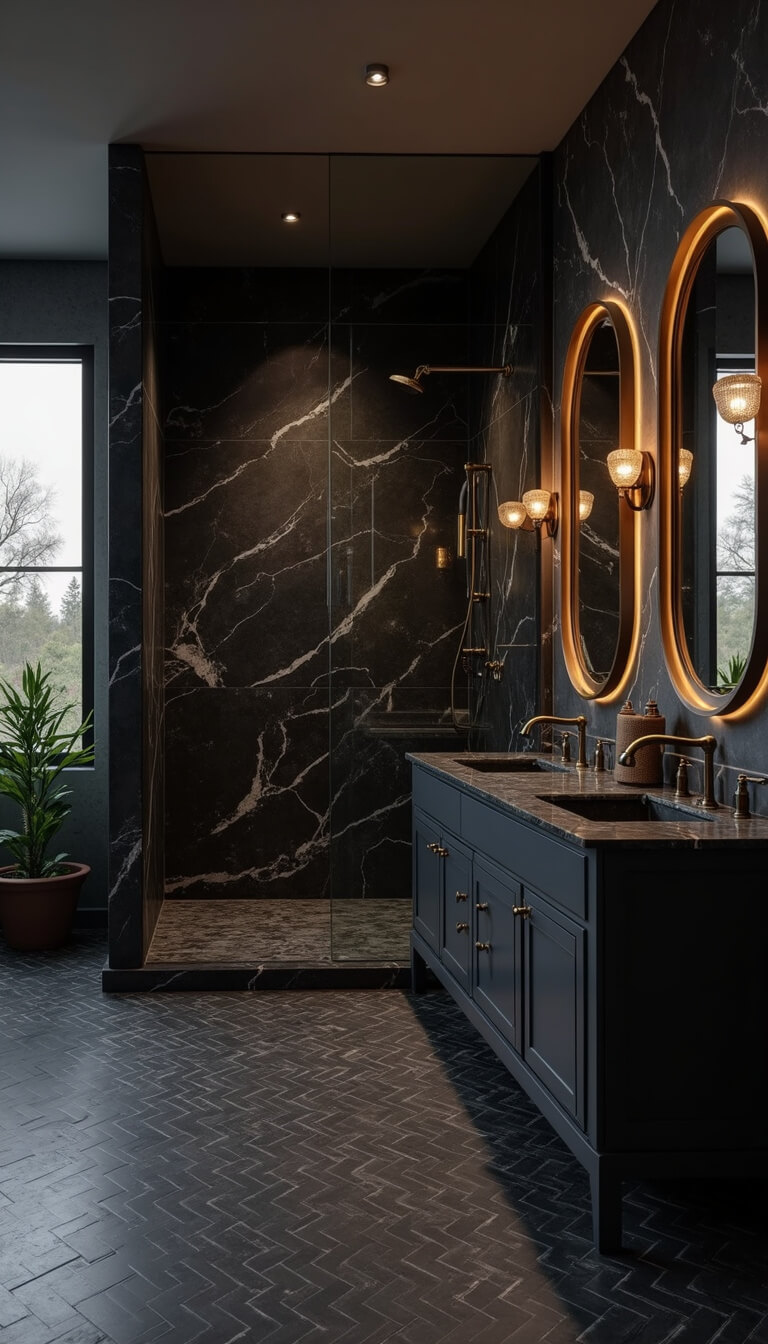 Corner view of a 10x12ft master bathroom at dusk with black marble shower, herringbone black tiles, brass fixtures, double charcoal vanity, and ambient lighting.