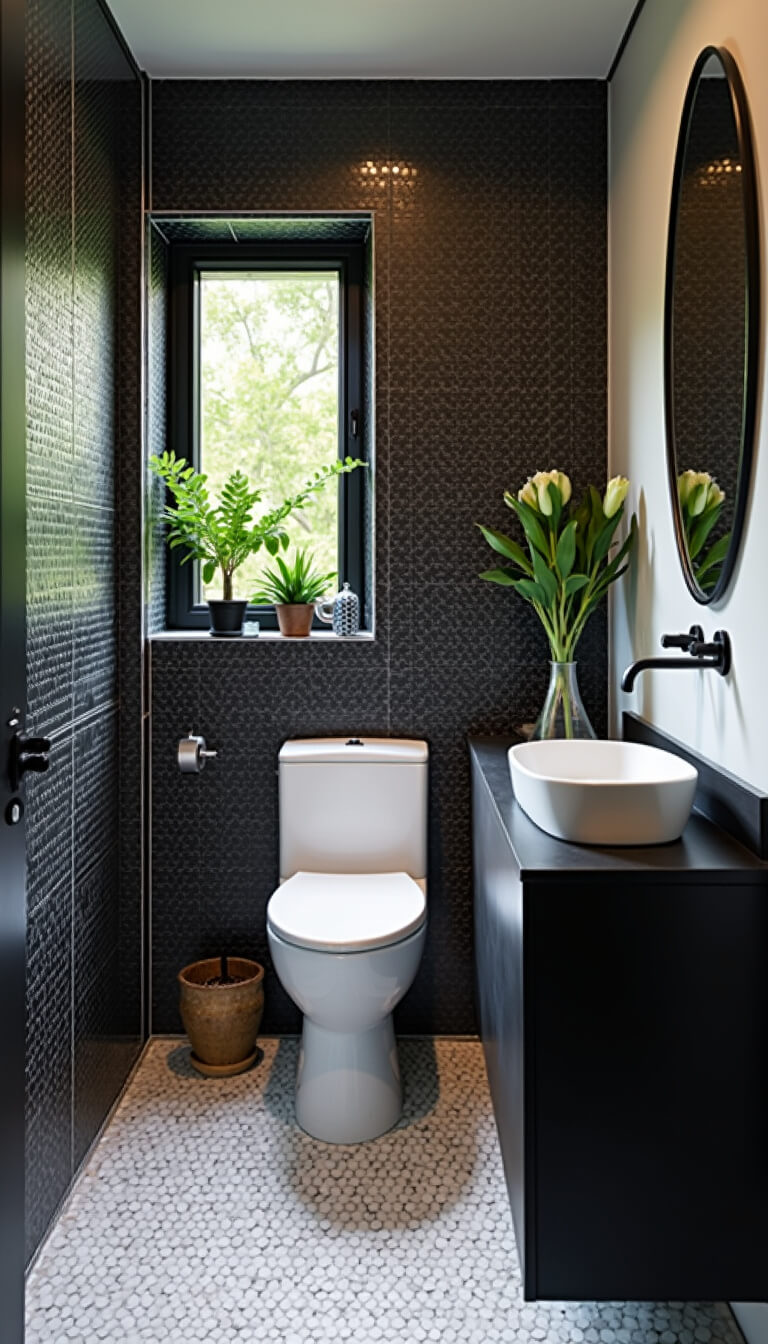 Contemporary 5x7ft guest bathroom with black penny tile feature wall, matte black hardware, white porcelain fixtures, and green plants in soft morning light.