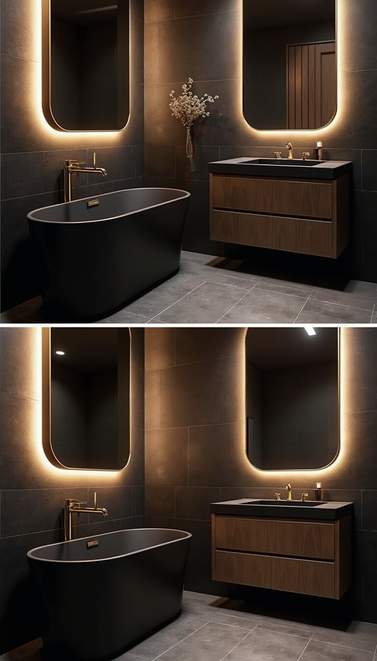 Split-view of 9x11ft modern bathroom showing day and night lighting; black slate walls, black tub, LED strip lights, gold fixtures, black oak vanity with integrated lighting.