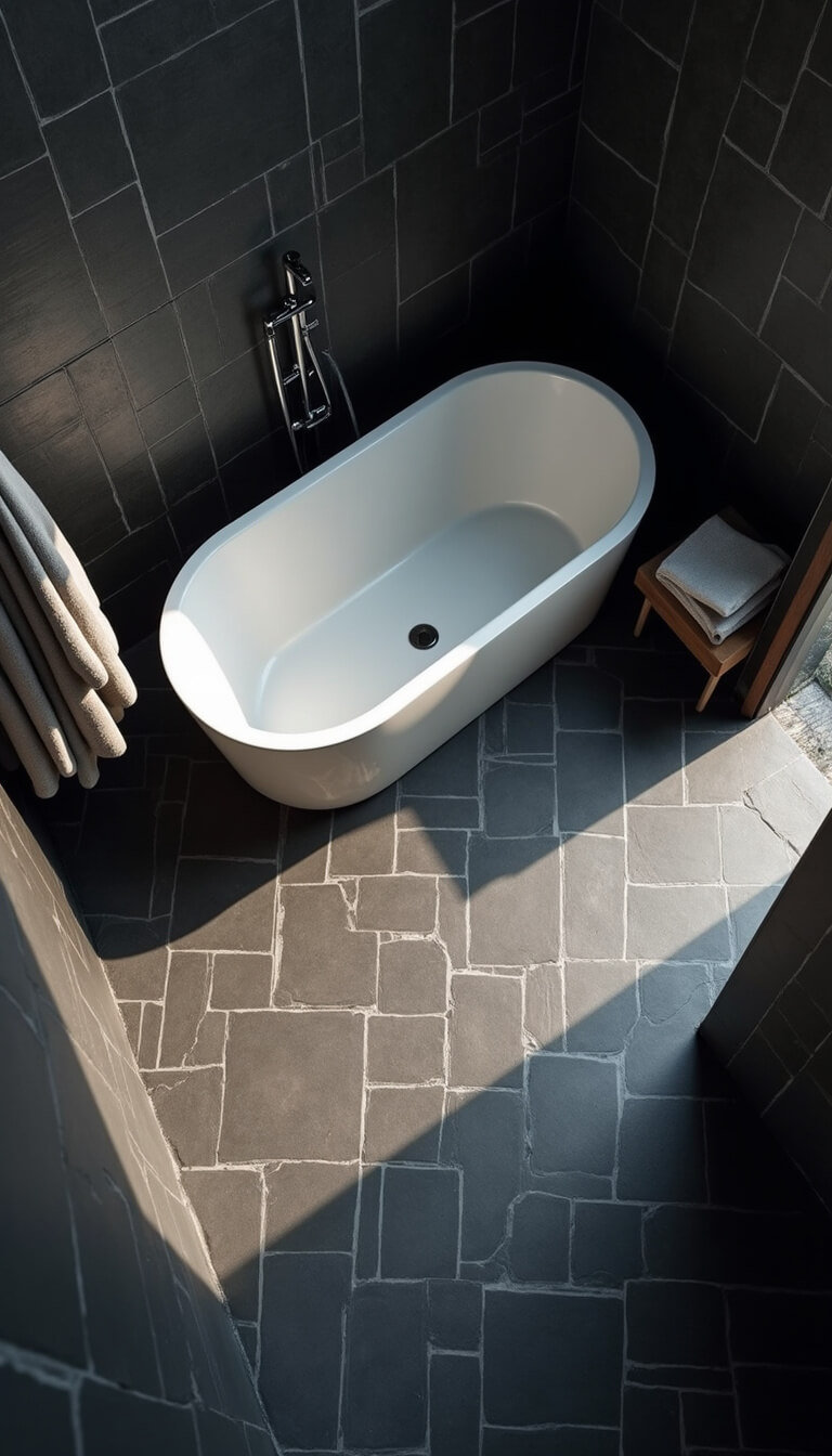 Overhead view of minimalist 7x9ft bathroom with geometric black floor, black wall tiles, floating black fixtures, and white freestanding tub in dramatic morning light.