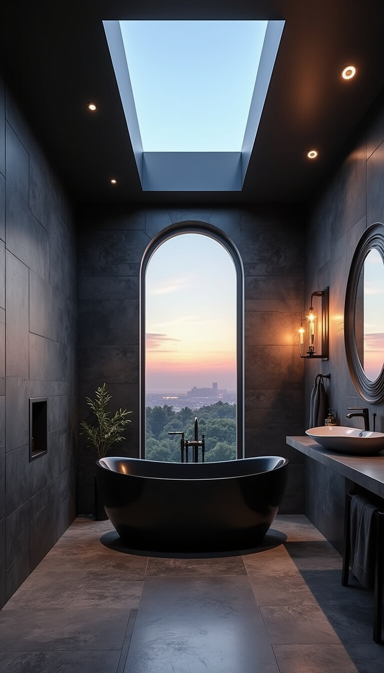 Wide-angle view of modern 12x14ft spa bathroom with black stone tiles, freestanding black soaking tub under skylight, layered lighting, and chrome-black accessories creating a serene atmosphere.