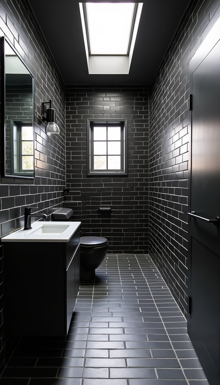 Linear perspective of 10x12ft bathroom with black subway tile walls in matte and glossy finishes, white grout lines, black fixtures, and natural light from clerestory windows.