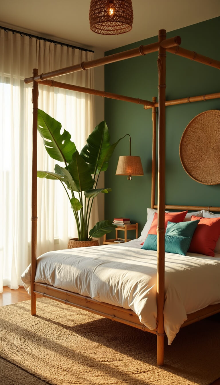 Sunlit 14x16ft bedroom with bamboo canopy bed against sage green wall, Monstera plant, layered natural fiber rugs, rattan nightstands, and coral and turquoise pillows on white bedding.