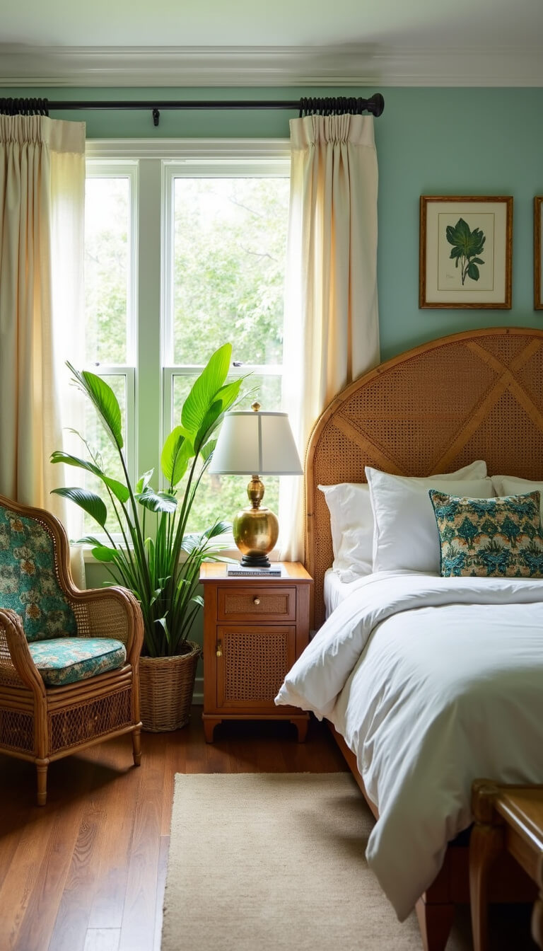 Cozy tropical bedroom with wicker headboard, rattan nightstands, Bird of Paradise plants, teak floors, and vintage peacock chair.