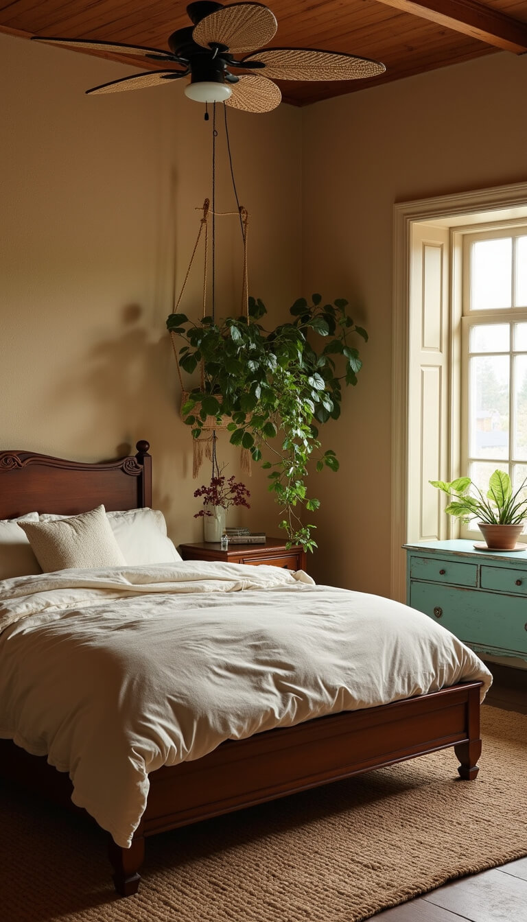 Cozy bedroom with warm amber dusk lighting, featuring a mahogany platform bed with ivory linen bedding, hanging philodendrons, a distressed turquoise chest, pale sand grasscloth wallpaper, and a rattan ceiling fan casting soft shadows.