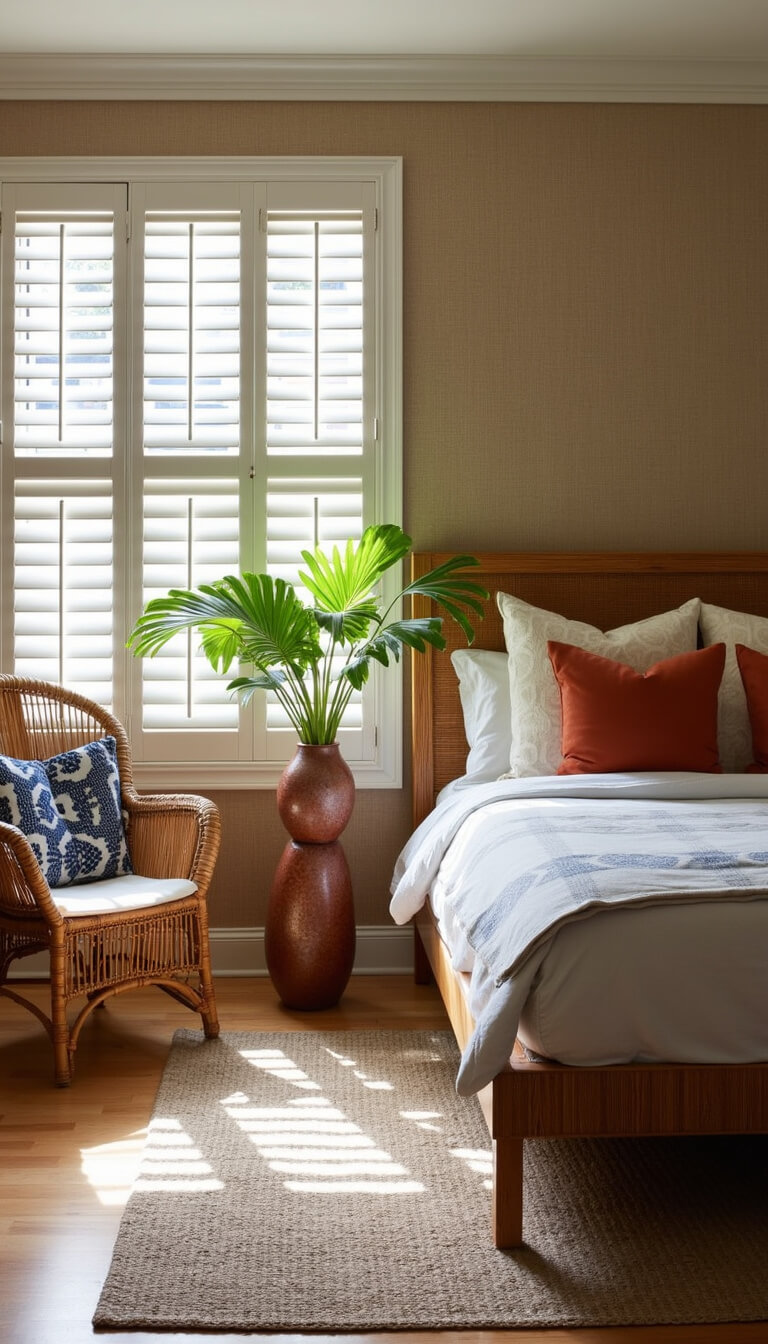 Sunlit bedroom with bamboo platform bed, mud cloth pillows, tropical stems in ceramic vases, sisal wallcovering, brass accents, and a rattan peacock chair draped in vintage indigo textiles.
