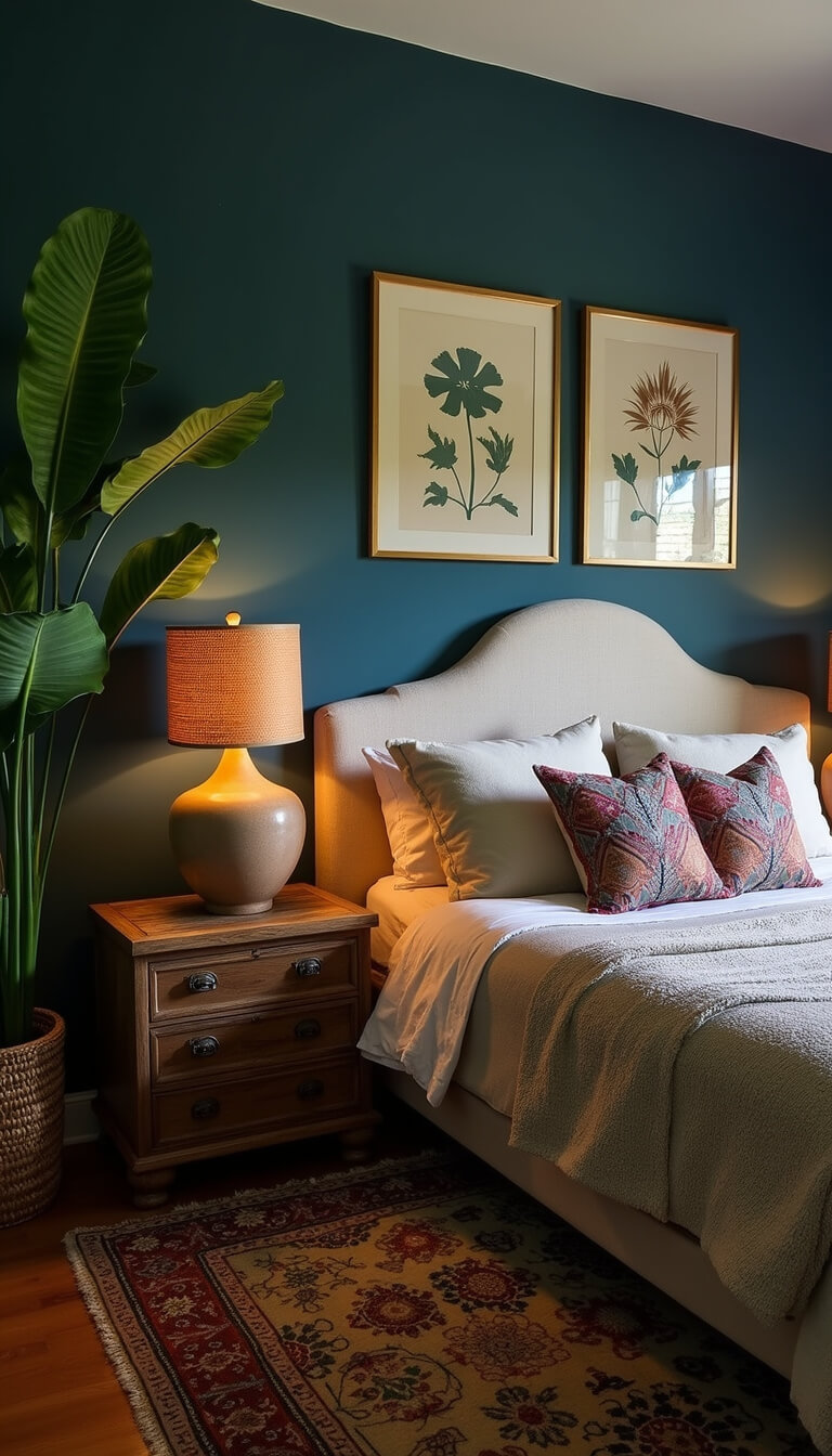 Moody teal bedroom with linen headboard, vintage botanical prints, ceramic lamps, carved nightstands, tribal textiles, and large split-leaf philodendron.