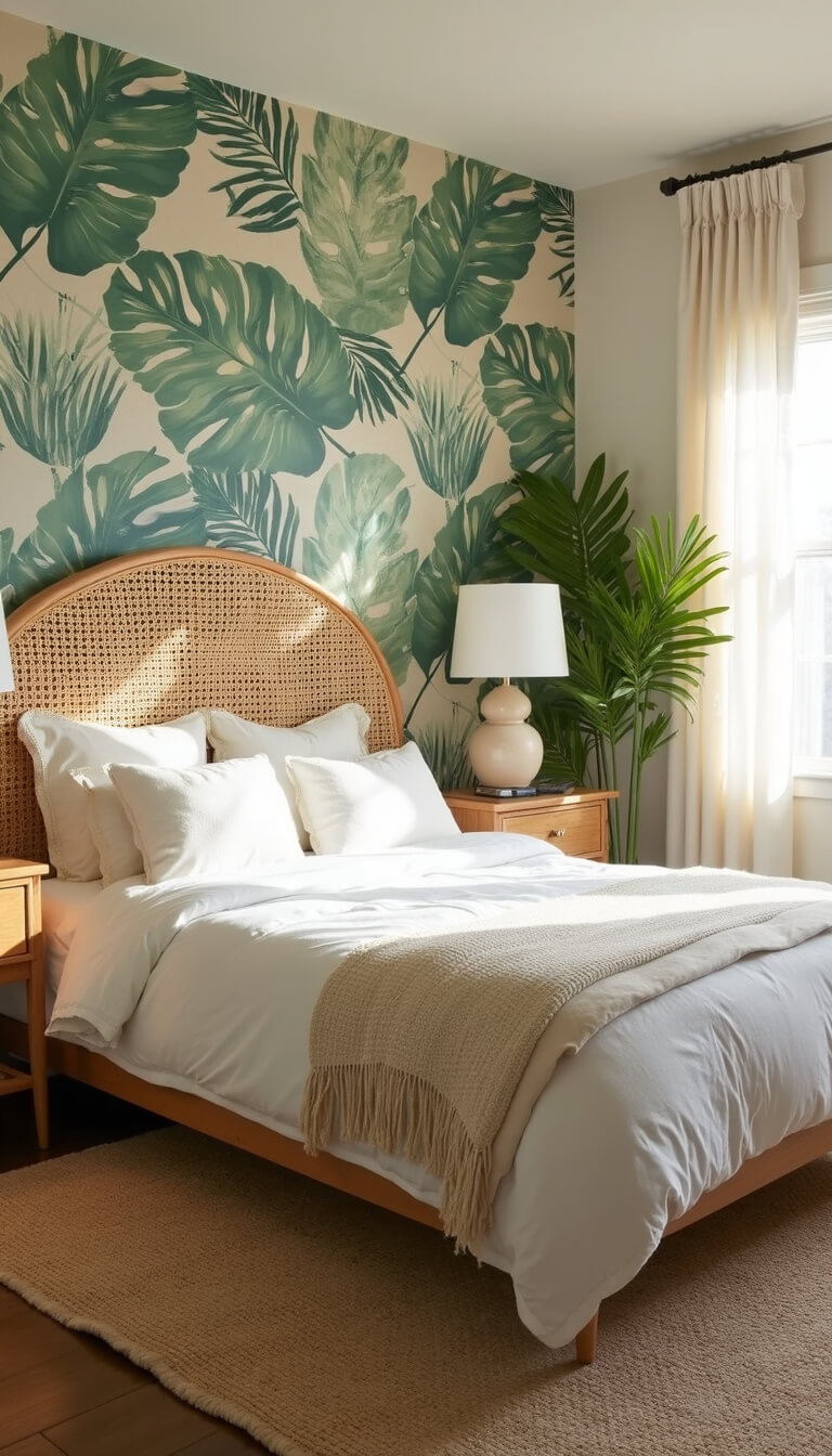Sunlit botanical-themed bedroom with curved rattan headboard, monstera leaf wallpaper, matching oak bedside tables, ceramic lamps, layered natural fiber rugs, and potted palms.