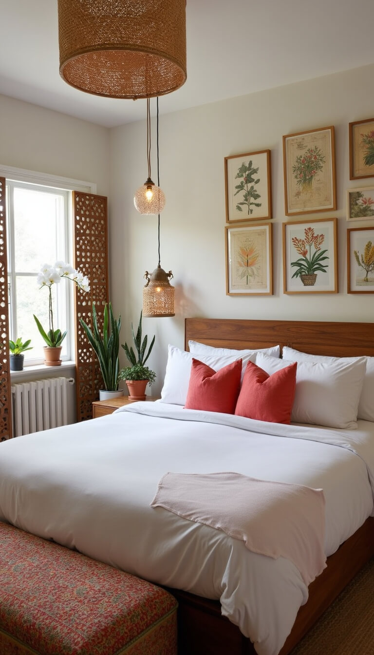 Low-angle view of a softly lit bedroom with an Indonesian teak bed, white linens, coral pillows, woven pendant lights, vintage map and botanical art gallery wall, carved wooden screens, and potted orchids and air plants.