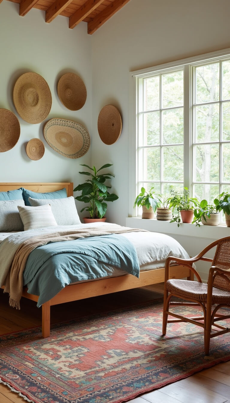 Modern bedroom with ocean blue and beige bedding, floor-to-ceiling windows, hanging plants, and handwoven baskets on walls.