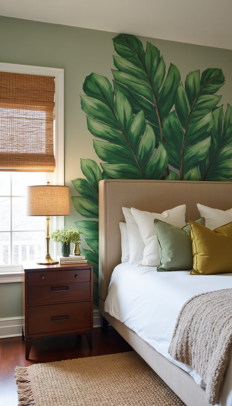 Sunlit bedroom with linen headboard, tropical leaf mural, brass lamps on campaign nightstands, and layered vintage rugs.