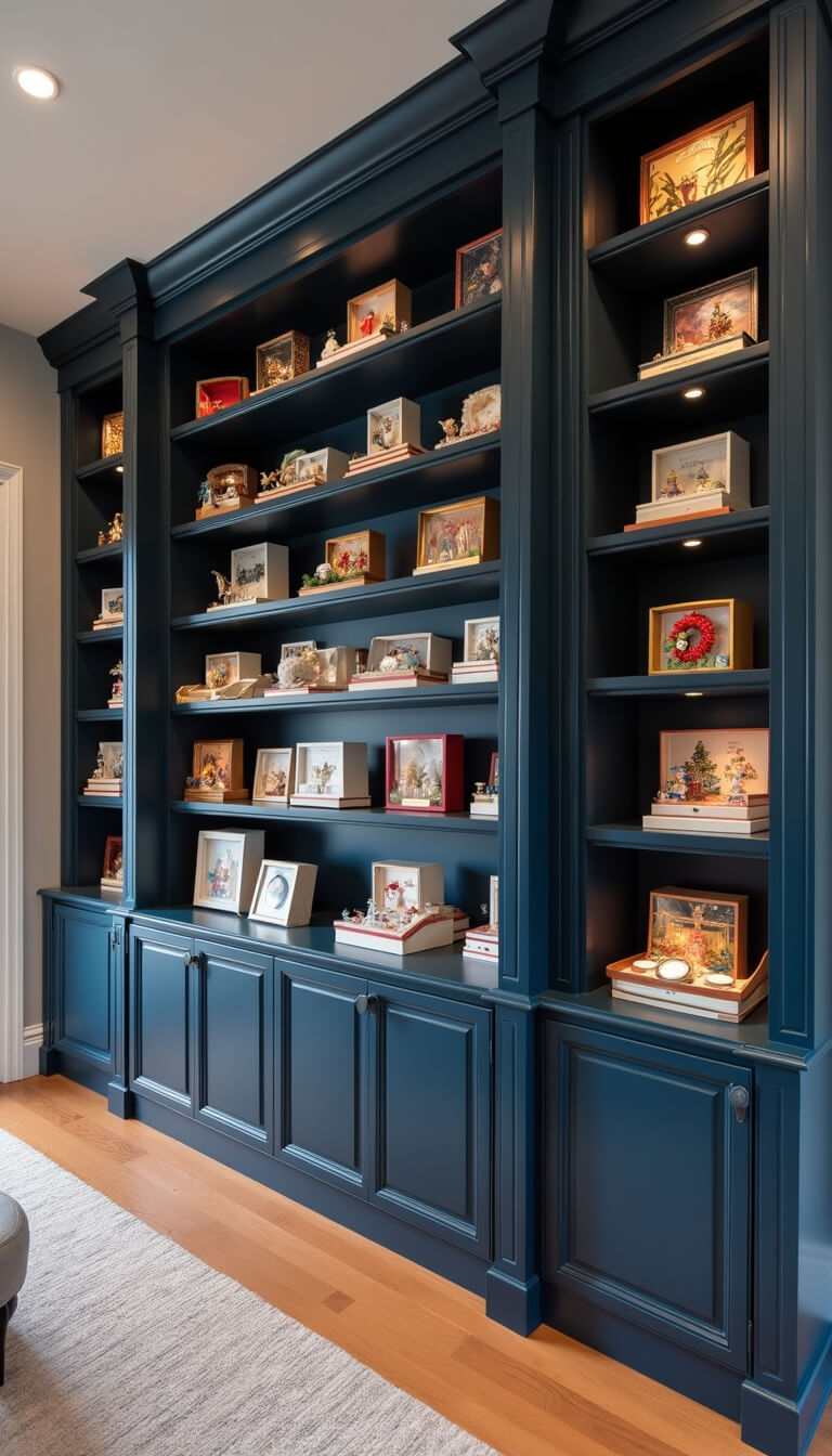 Contemporary 16x18ft family room with built-in shelving displaying collector's ornaments under track lighting, in a modern palette of midnight blue, copper, and white.