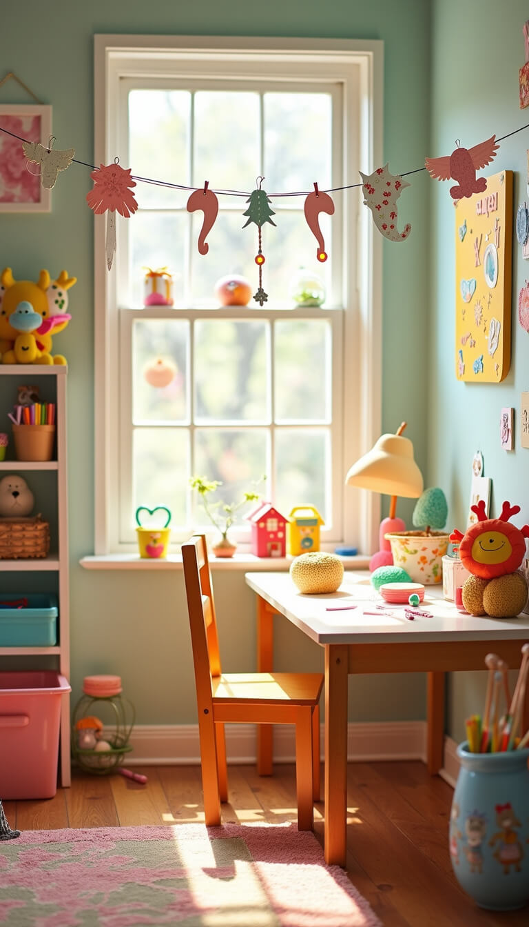 Children's playroom with DIY ornament crafting station, colorful supplies, and handmade decorations strung on twine, viewed at child’s eye level in morning light.