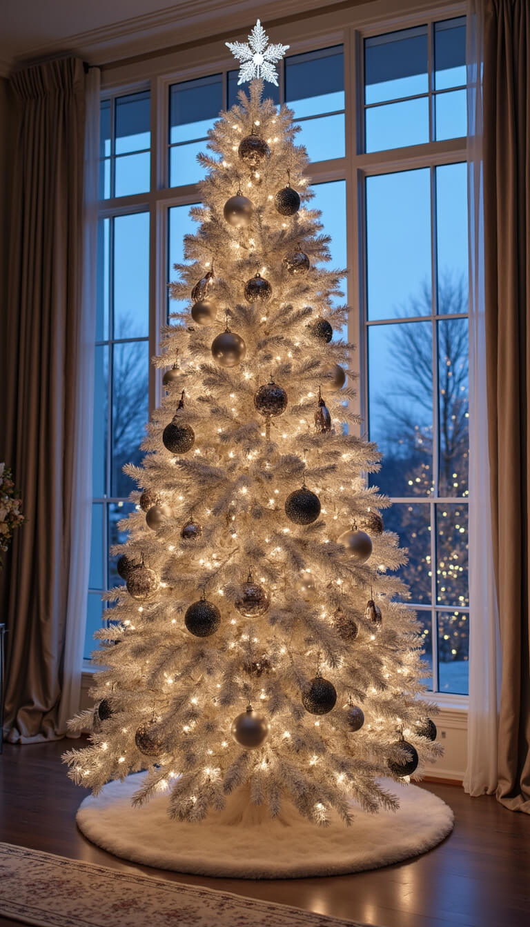 Elegant twilight great room with luxury Christmas tree in white, silver, and ice blue, glowing with LED twinkle lights and sparkling crystal ornaments.