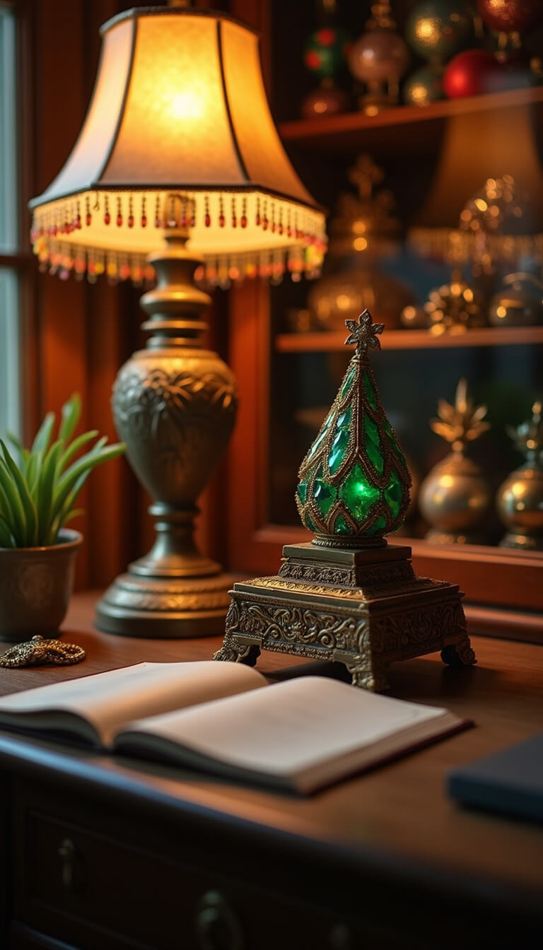 Macro view of vintage ornaments in illuminated glass cabinet within cozy jewel-toned home office corner.