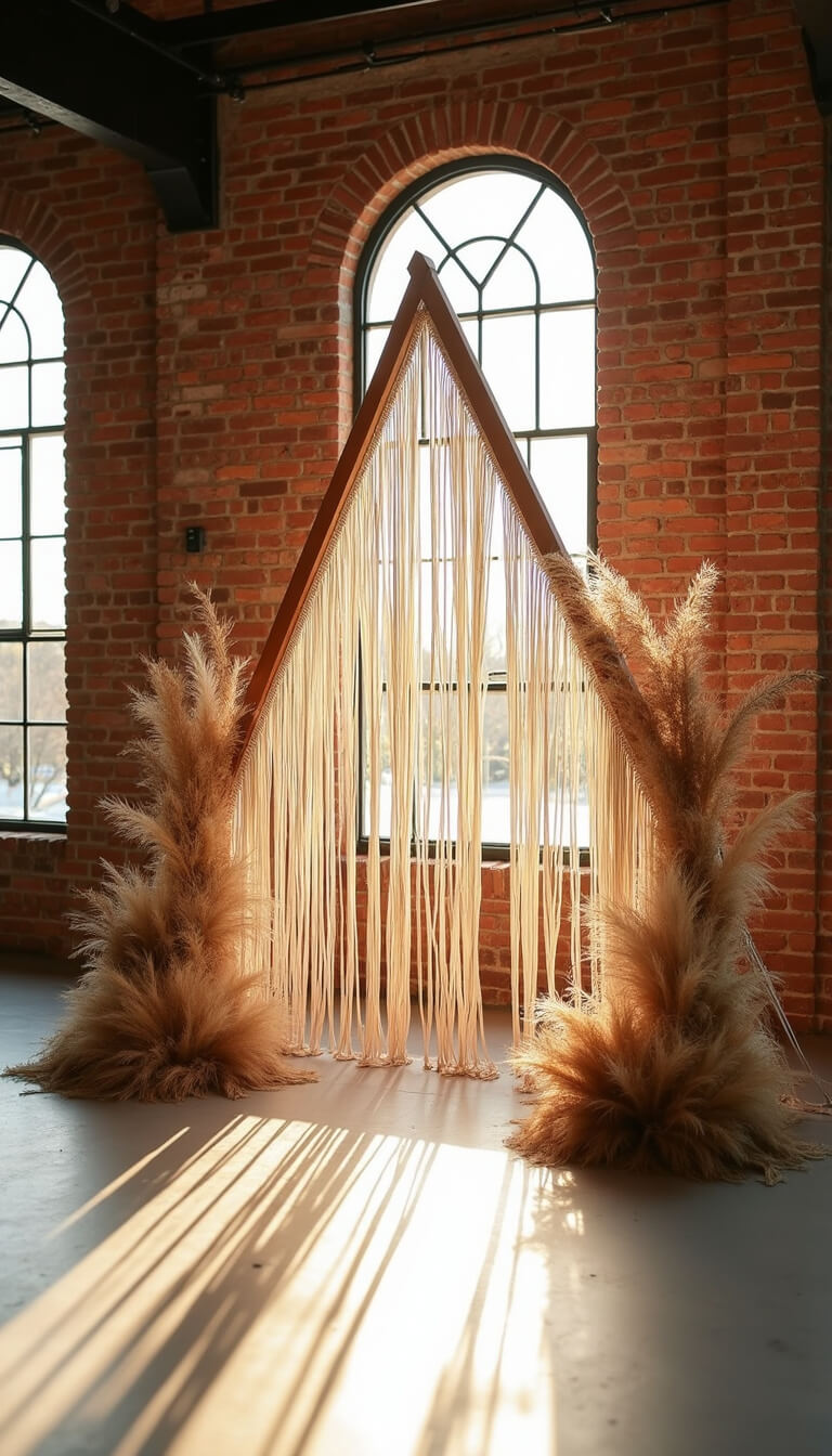 Sunlit boho wedding venue main hall with triangle arch, macramé backdrop, and pampas grass against exposed brick walls.