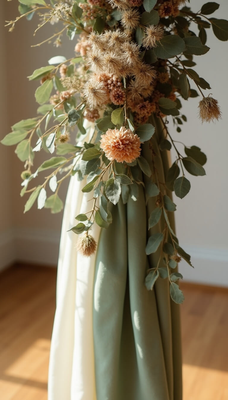 Close-up of hexagonal copper wedding arch with dried flowers and eucalyptus, sage green and ivory drapes, shot from low angle with soft bokeh and wooden floor background.