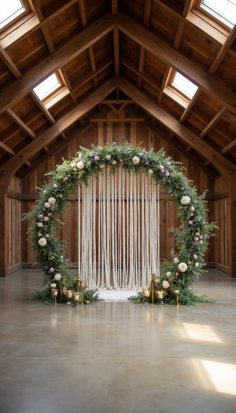Wide-angle view of rustic barn wedding setup with circular macramé arch, wildflowers, vintage candlesticks, and overhead skylight lighting.