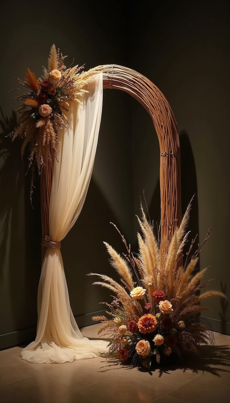 Moody indoor setup with rattan wedding arch draped in gauzy fabric, asymmetrical earth-toned floral arrangement, and dramatic lighting highlighting textures and depth.