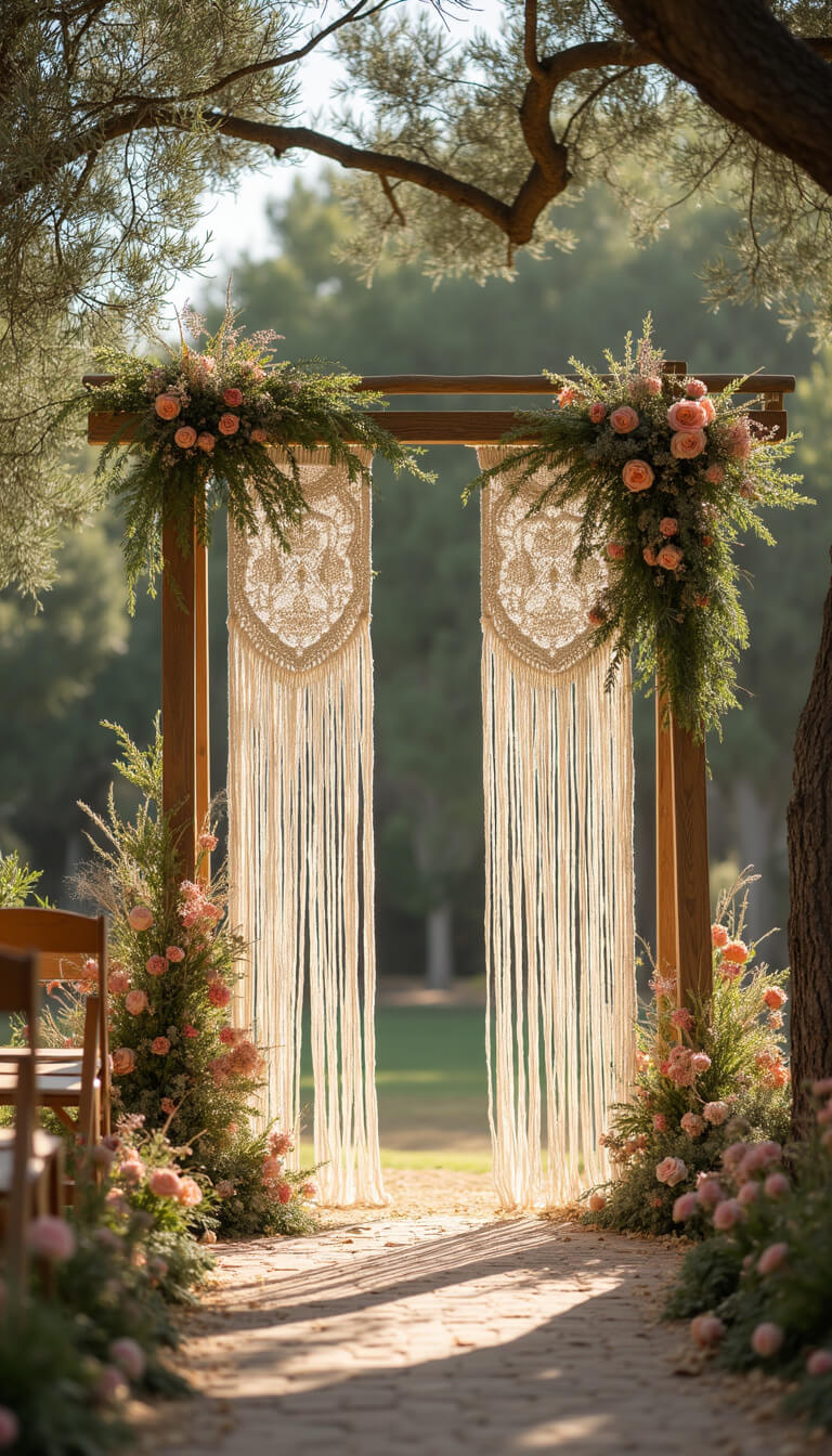 Bohemian garden ceremony with wooden arch, macramé panels, wildflowers, and olive trees in soft afternoon light.