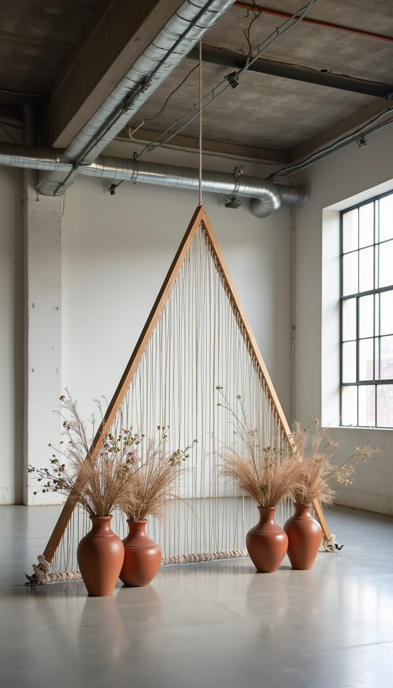 Minimalist triangle arch in industrial loft with macramé backdrop, terracotta floral arrangements, and directional window light.