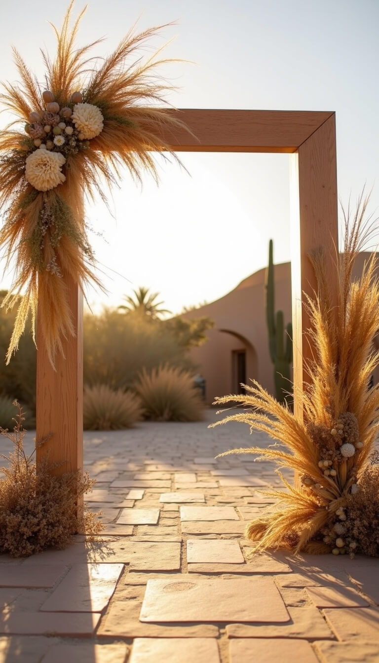 Desert-themed wedding setup with geometric wooden arch, dried botanicals, and golden hour lighting on stone patio.